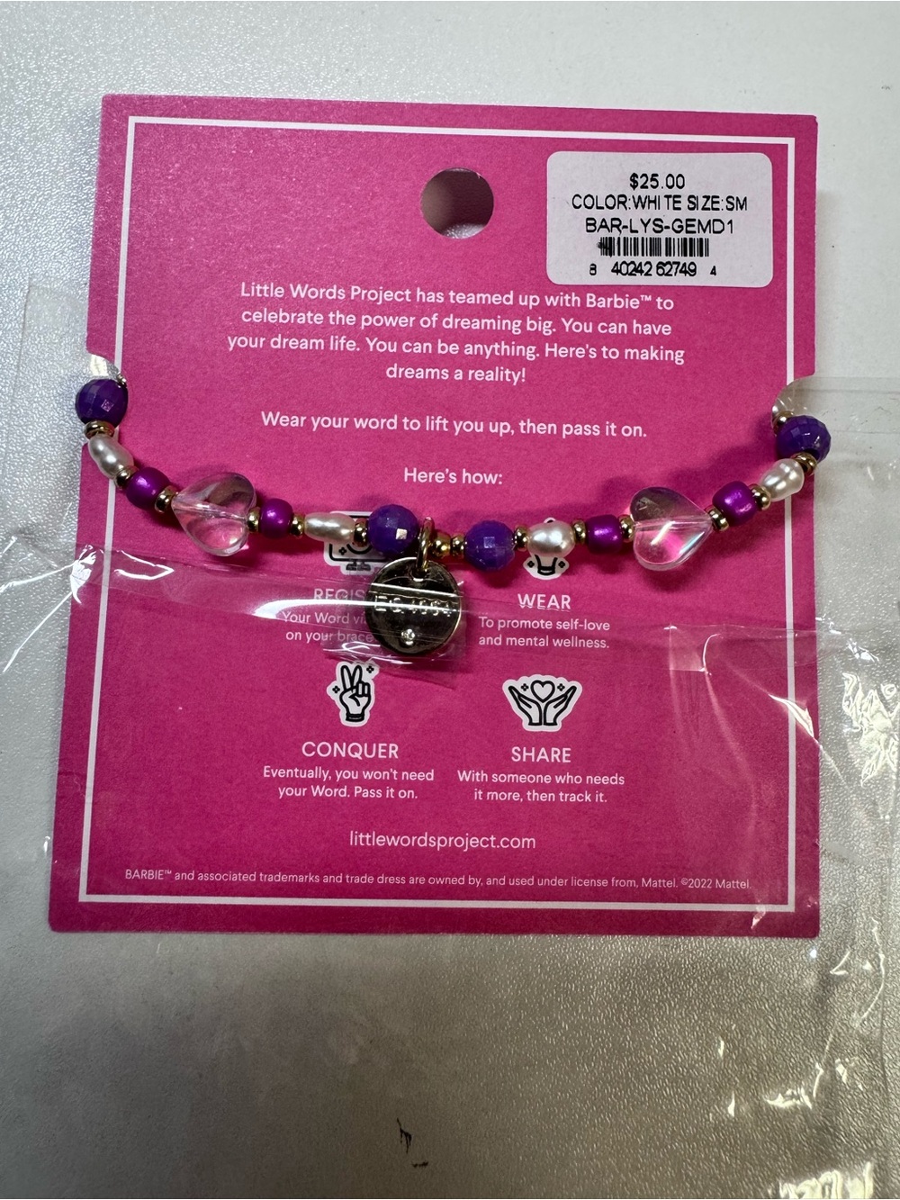 Barbie x Little Words Project "Love Yourself" Beaded Bracelet - Pink & Purple - Picture 2 of 2